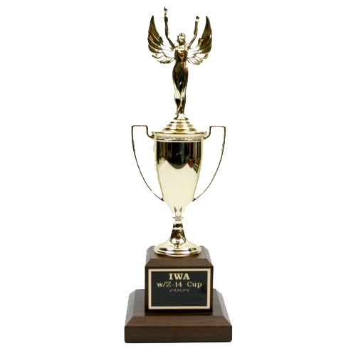 Classic Loving Cup with Figure on Walnut Base Trophy - 11 Inch Tall