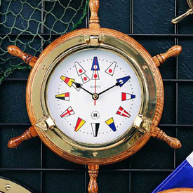 Brass Porthole Clock on Ships Wheel